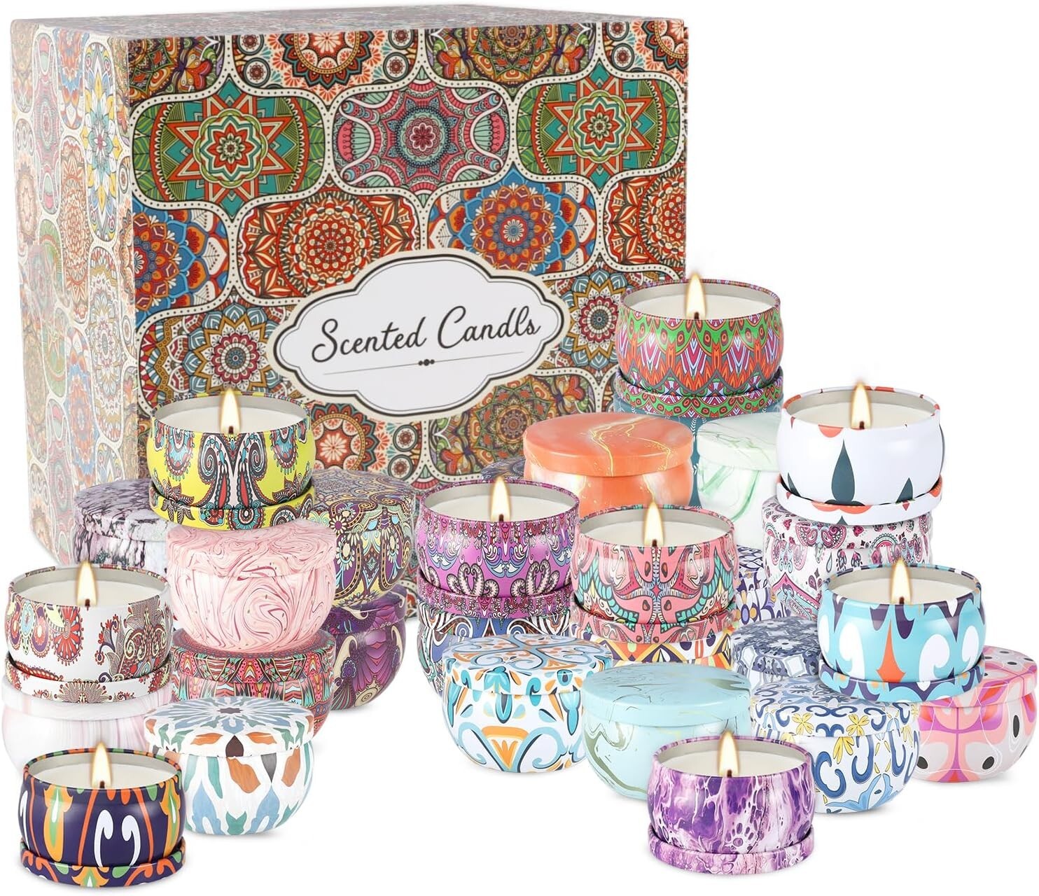 Elegant 36-Pack Scented Candle Set in Decorative Tins - Long-Lasting Ambiance