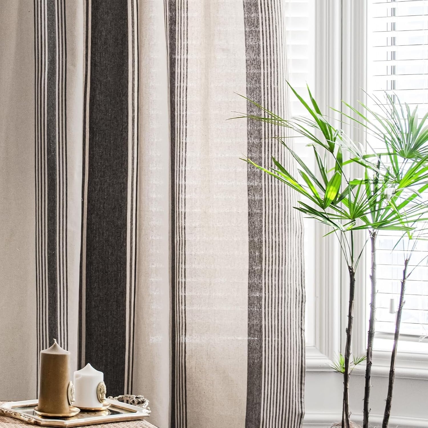 Semi Sheer Stripe Window Curtains for Living Room - Farmhouse Style 2 Panel Set