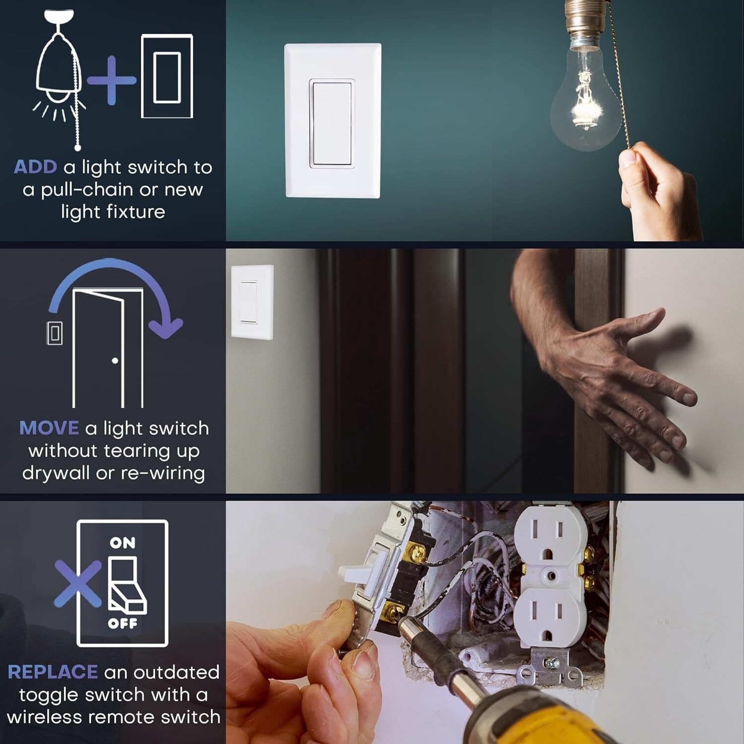 Wireless Battery-Free Light Switch Kit - Remote Control DIY Wall Switch System