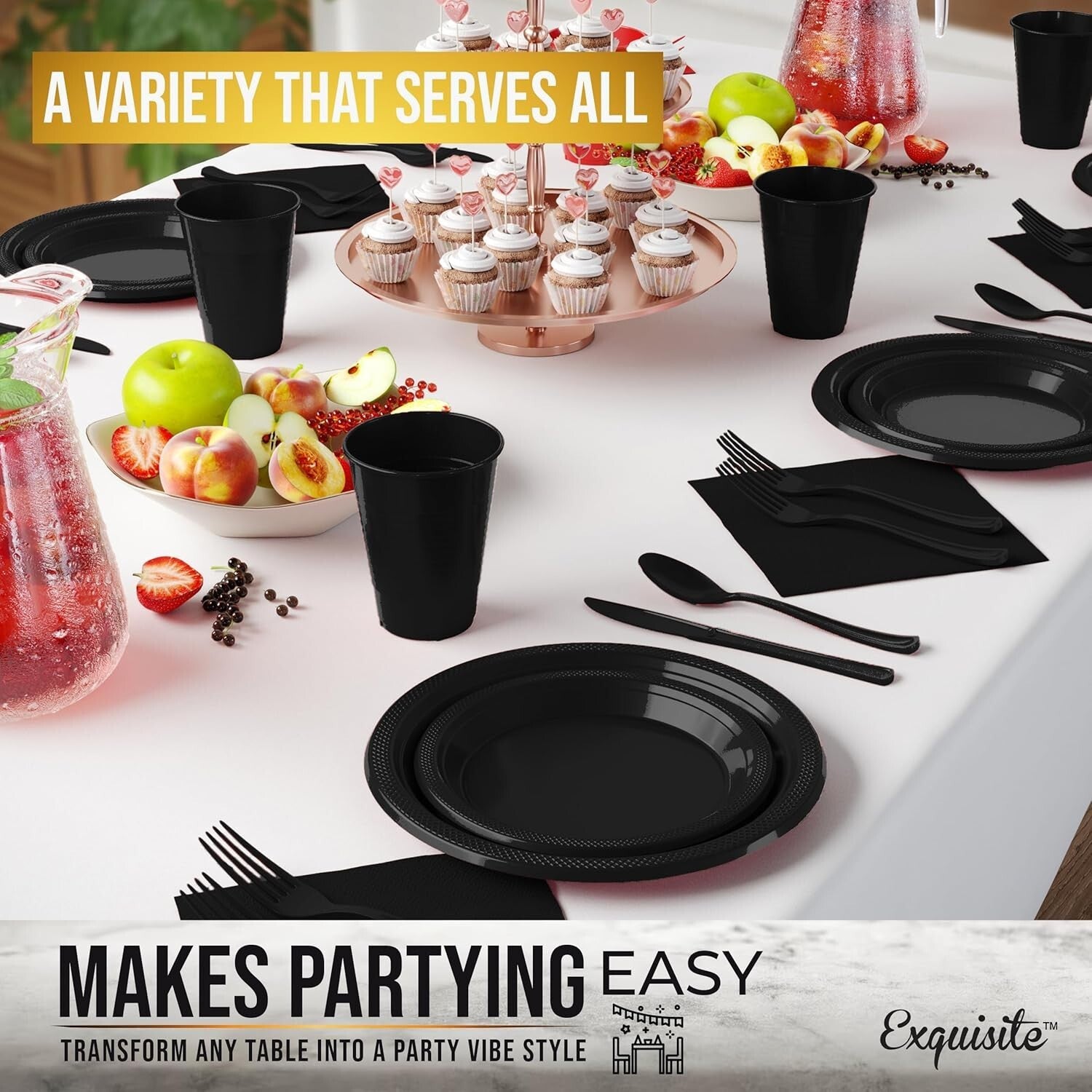 350 Pcs Black Plastic Party Plates & Utensils - Durable, BPA-Free, Easy Cleanup