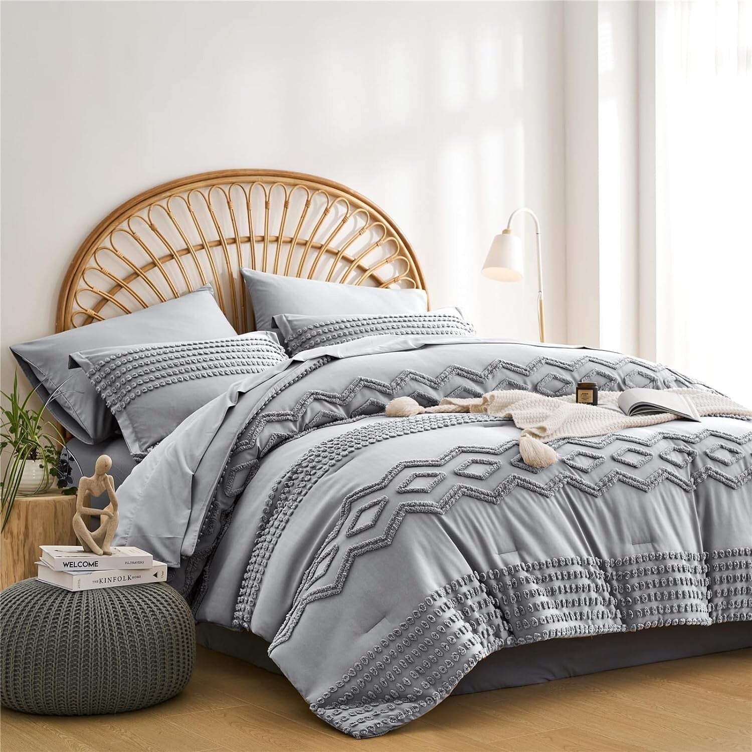 Elegant 7-Piece Tufted Bedding Set - Soft Microfiber Grey Bohemian Style