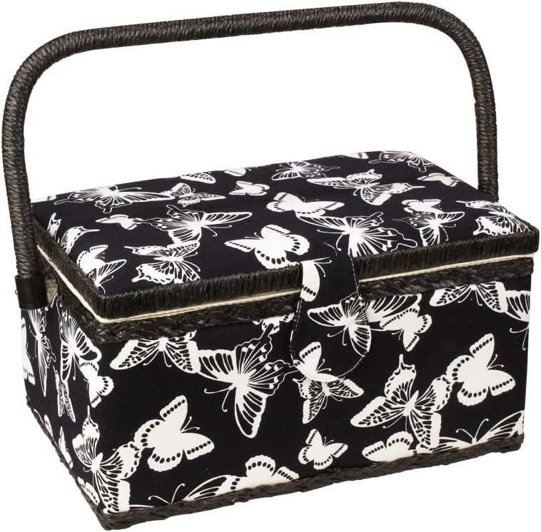 Elegant Floral Print Sewing Basket with Removable Tray and Built-in Pin Cushion