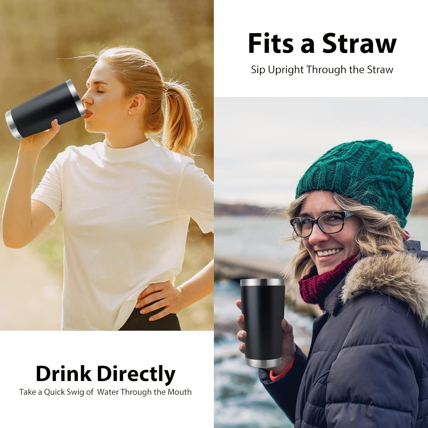 Double Wall Insulated 20oz Travel Mugs - 12 Stainless Steel Tumblers in Black