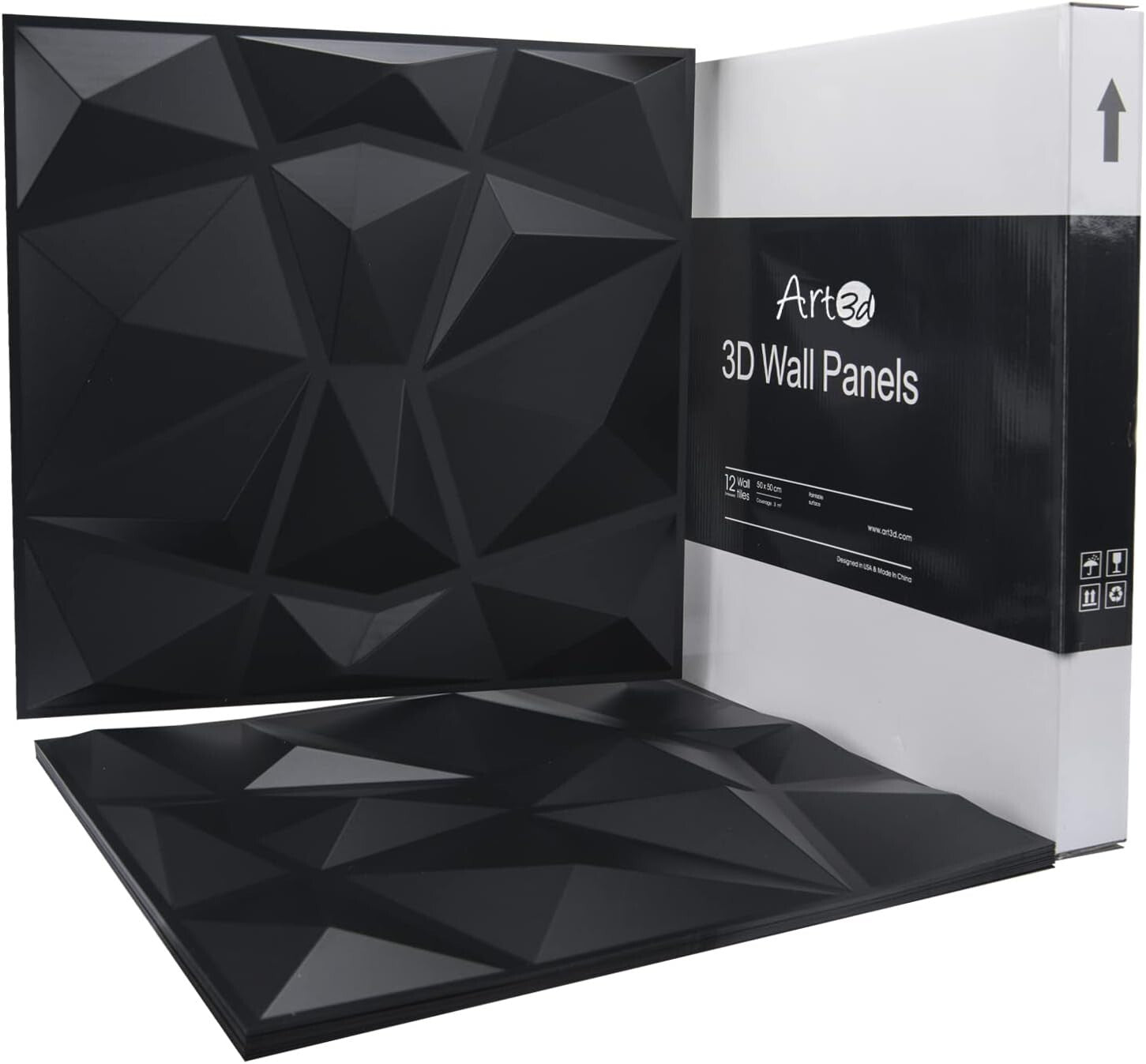 Elegant 3D Matte Black Wall Panels for Living Room - 12 Pack, Easy Glue Down