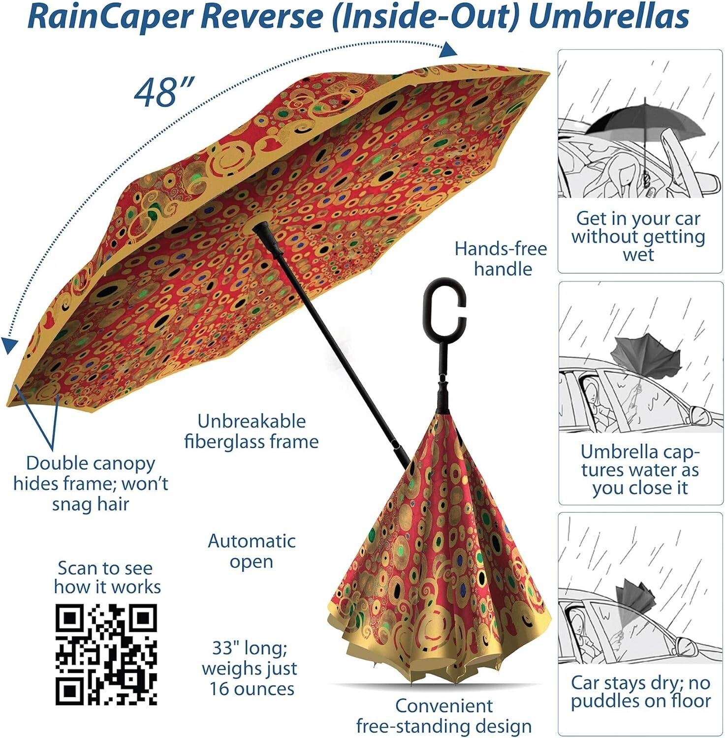 Stylish Reverse Umbrella - Klimt 'Hope II' Red Art with Auto-Open Feature