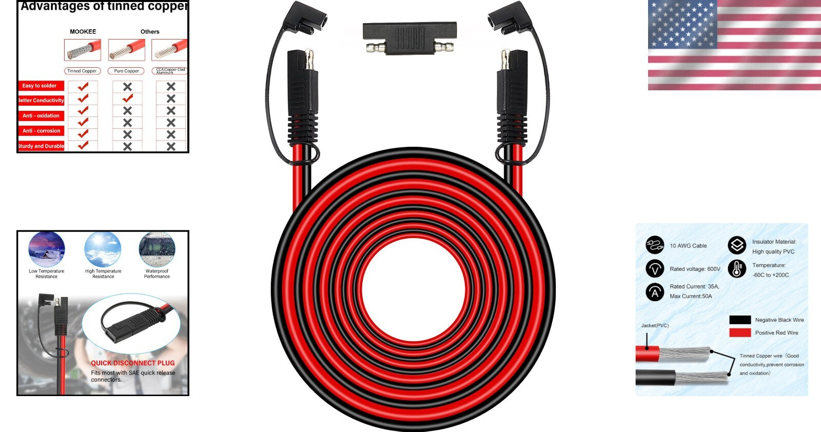 30FT SAE Connector Cable - Durable Extension for Automotive and Solar Use