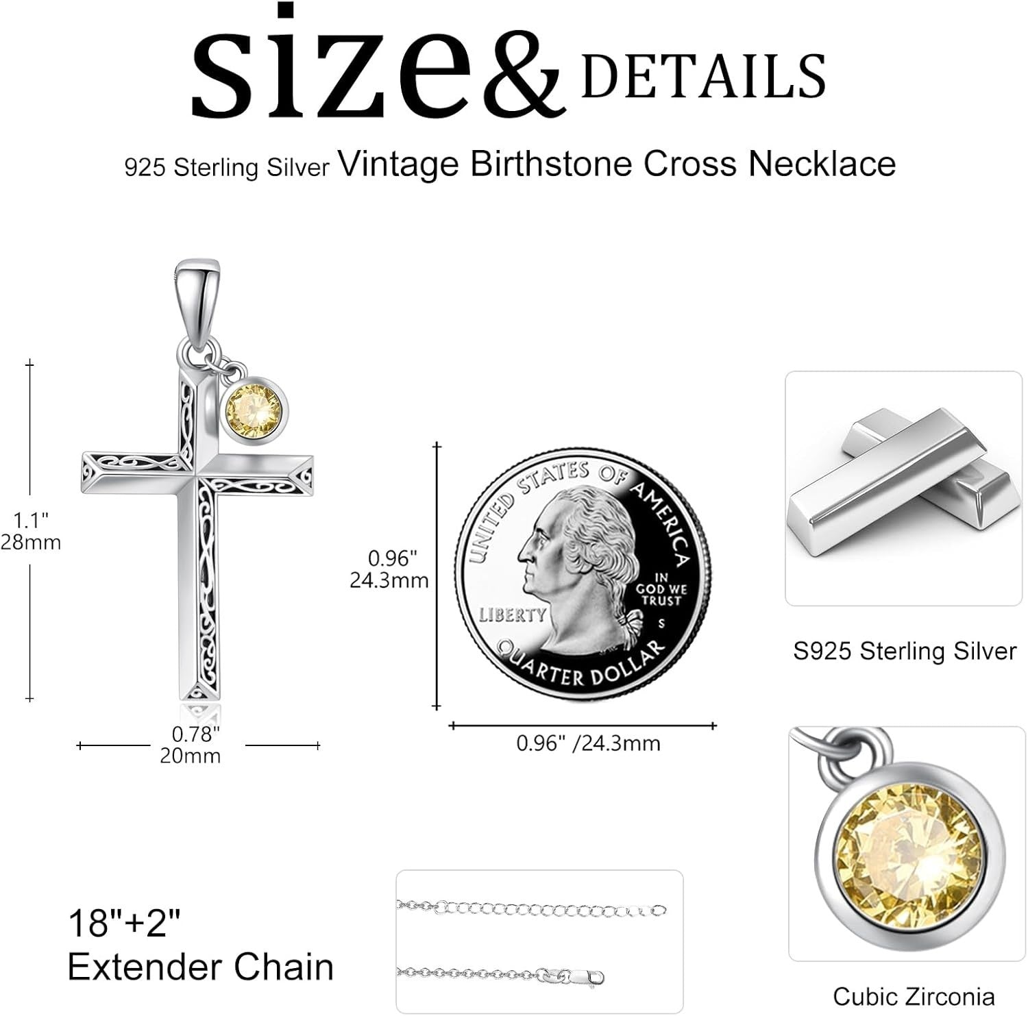 Personalized Birthstone Cross Necklace in 925 Sterling Silver for Men & Women
