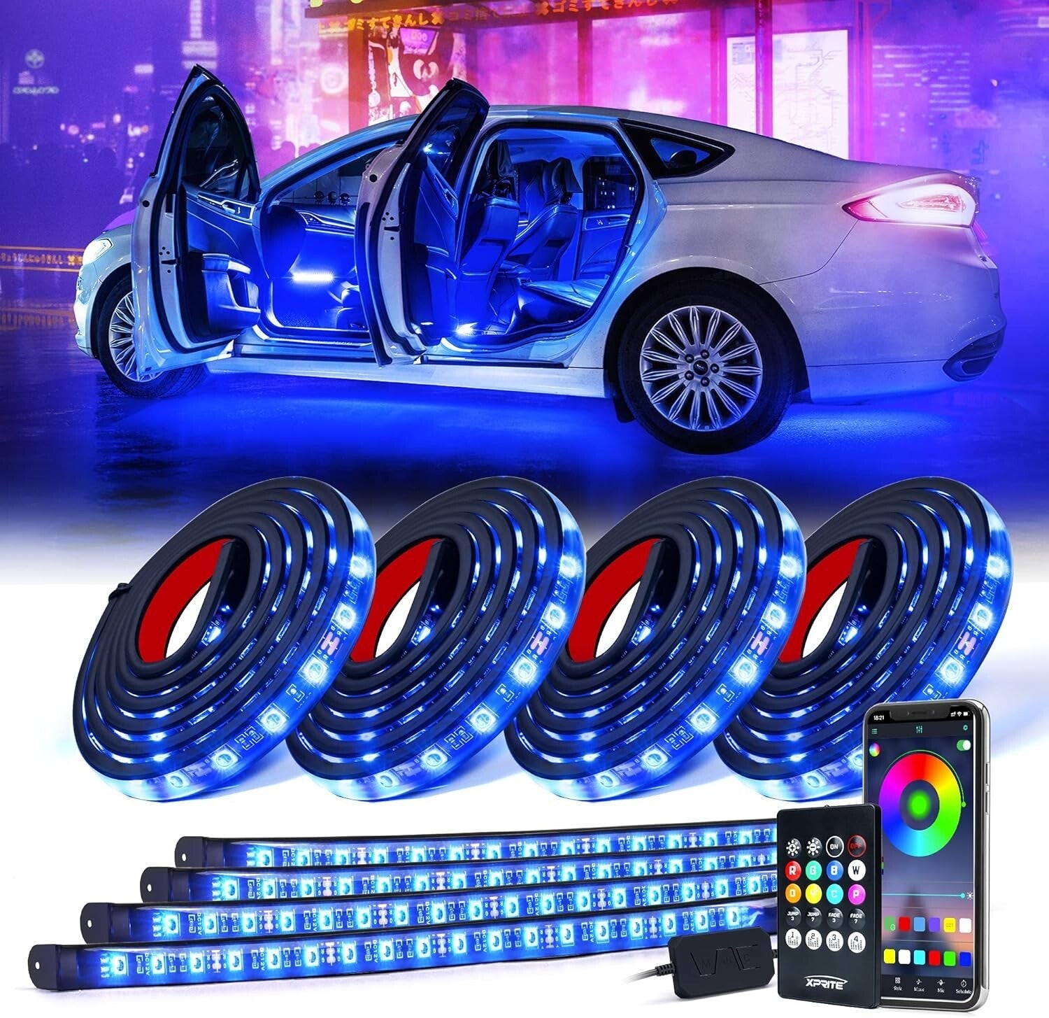 Dynamic 8Pcs RGB LED Strip Kit for Vehicles - Bluetooth & Remote with Music Sync