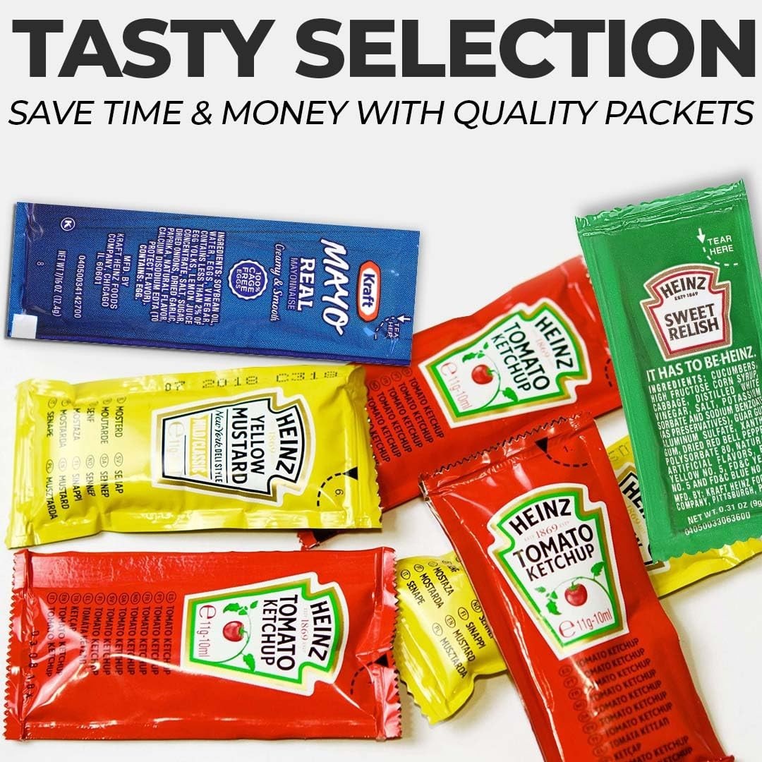 Essential Travel Condiments - 200 Single Serve Mayo, Ketchup, Mustard & Relish