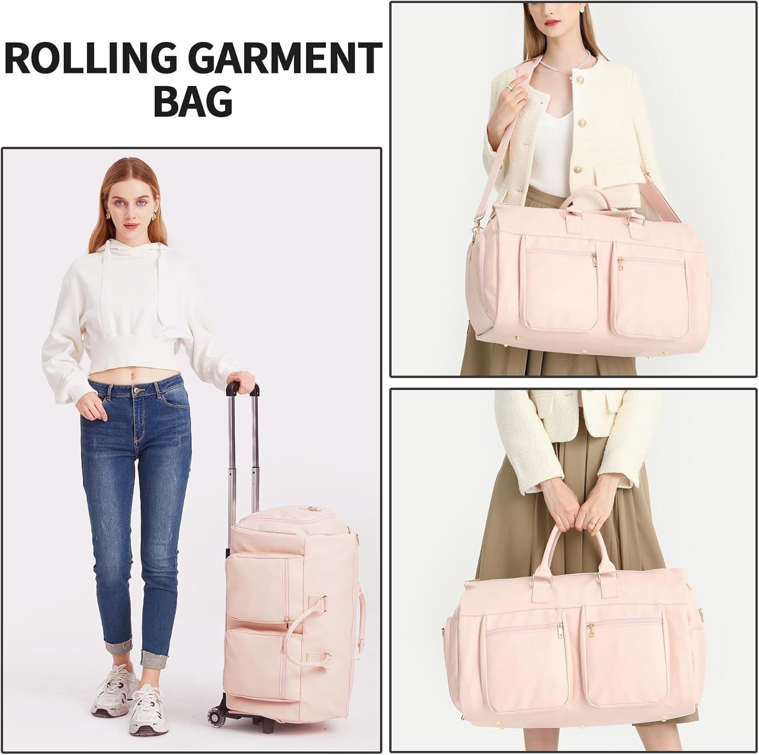 Extra Large Capacity Rolling Garment Bag - Pink Travel Duffle with Shoe Pocket