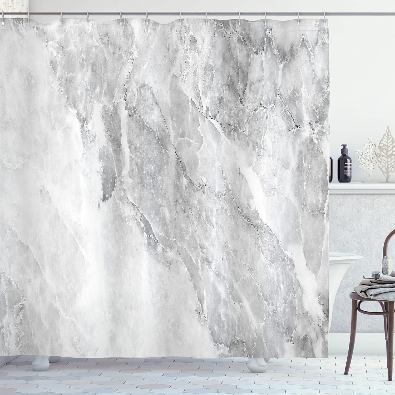 Unique White Grey Marble Pattern Shower Curtain - Modern Fabric Bathroom Style