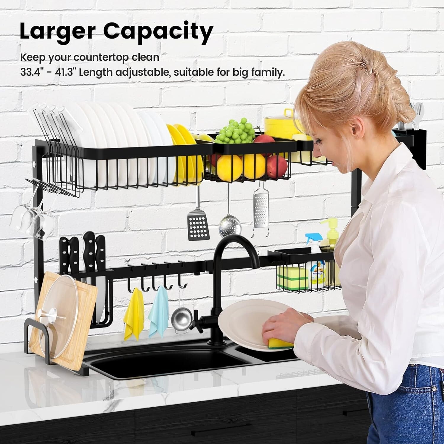 Adjustable 2-Tier Over The Sink Dish Drying Rack, Space-Saving Kitchen Organizer