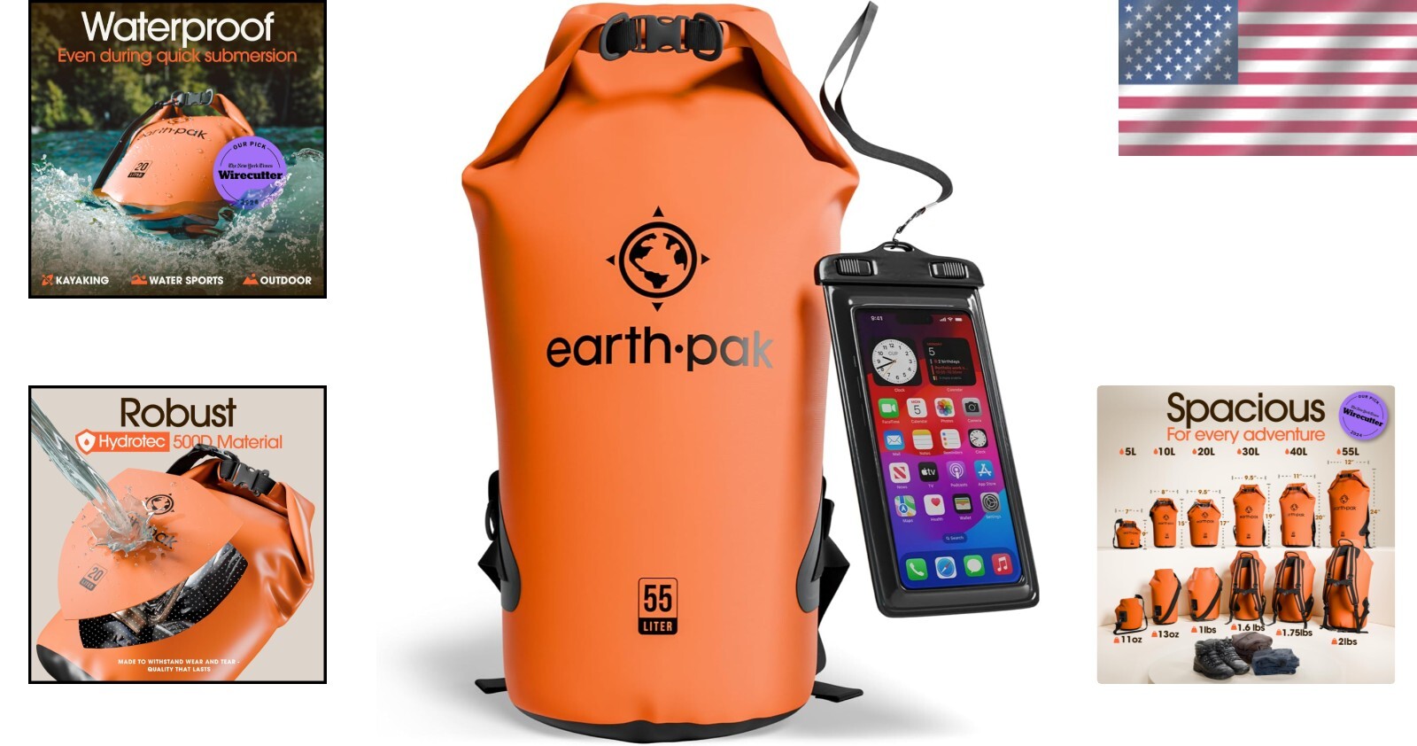 Lightweight Orange 55L Waterproof Backpack Sack with Phone Case for Kayaking