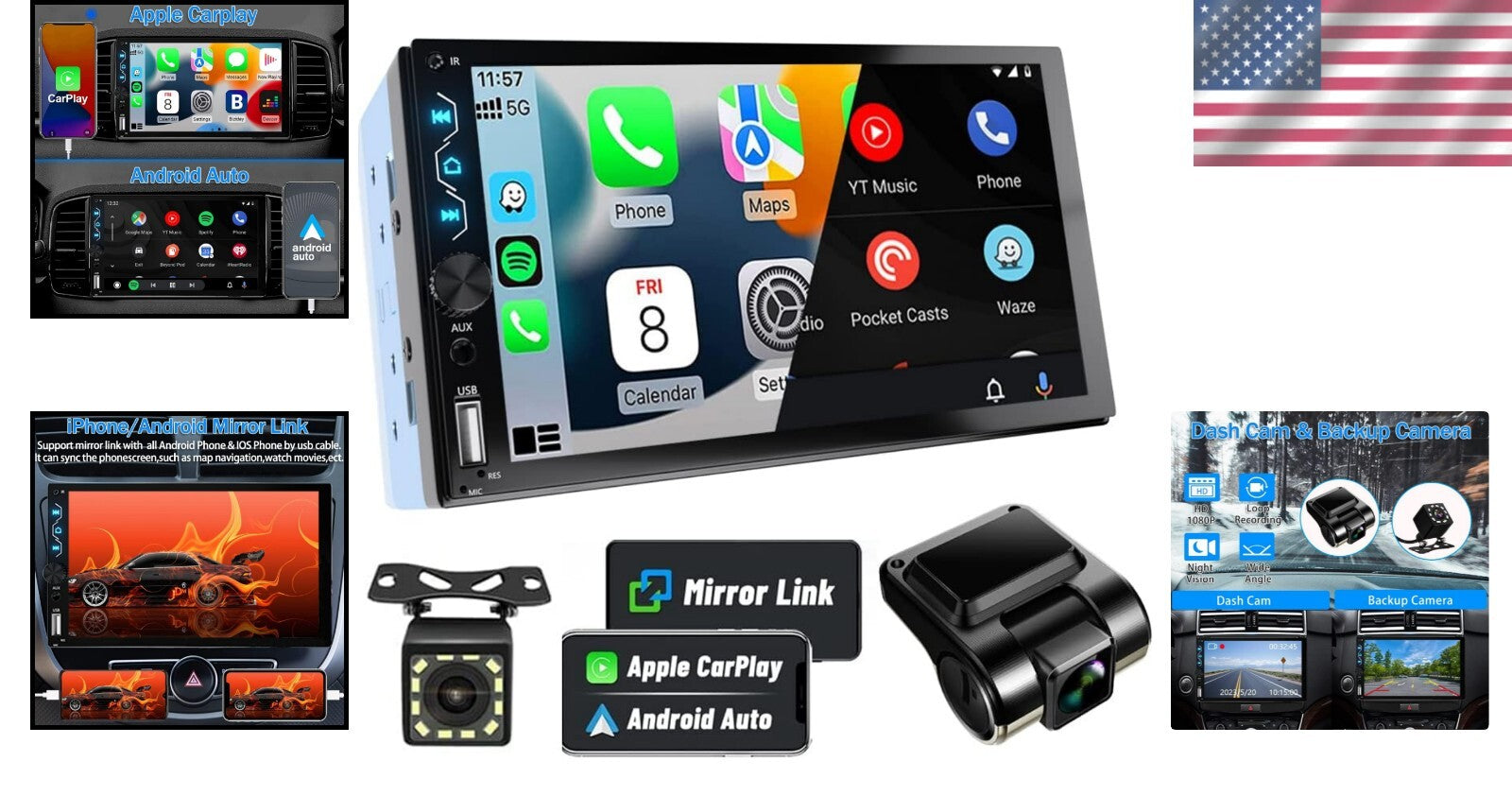 All-in-One 7-Inch Double Din Car Stereo with Dash Cam & Apple Carplay