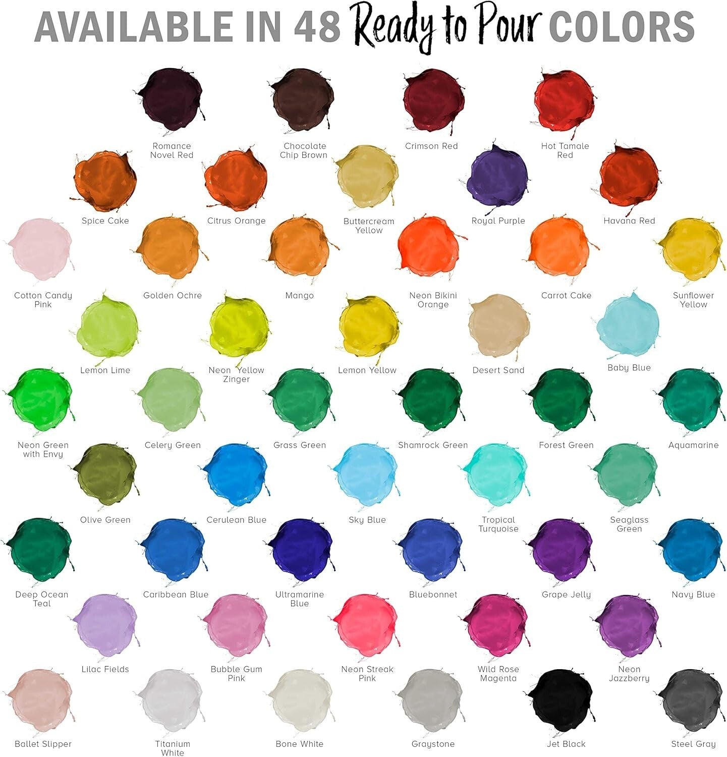 Fast-Drying 48-Color Ready to Pour Acrylic Paint Set - Perfect for Any Surface