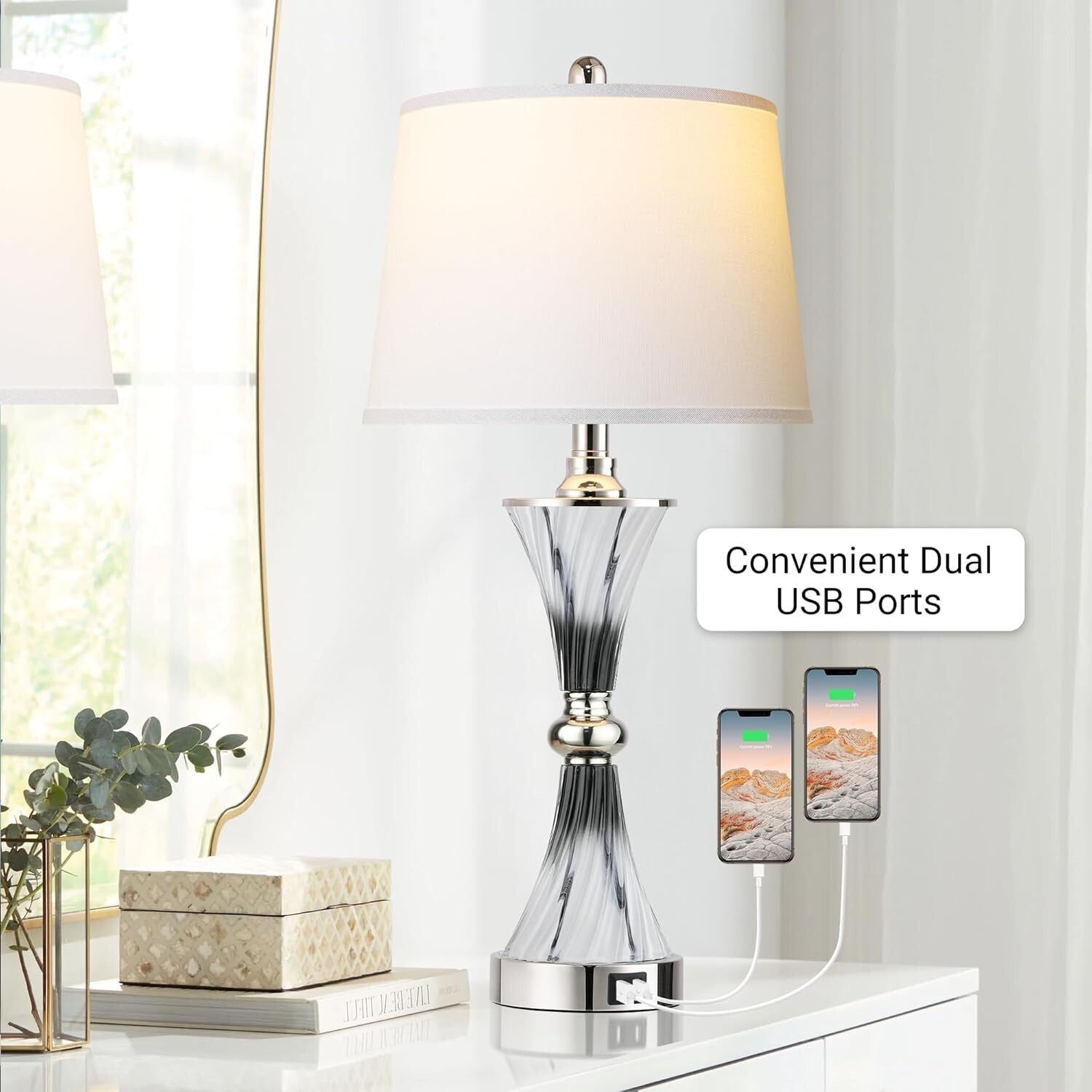 Elegant 3-Way Dimmable Touch Glass Lamps Set of 2 with USB Ports - Dark Grey