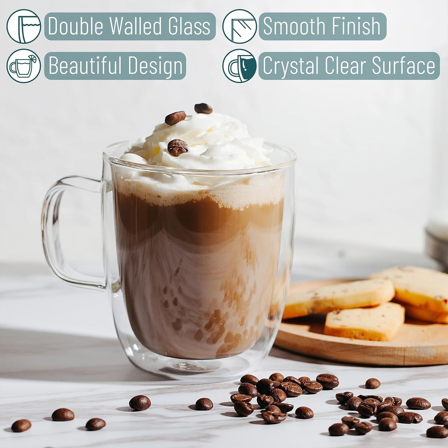Modern Durable Double Wall Glass Coffee Mugs, 12 oz, Ideal for Hot & Cold Drinks