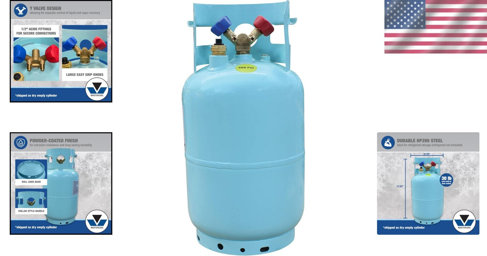 Blue Powder Coated Refrigerant Recovery Cylinder - 30 lb with 1/2" ACME Fittings