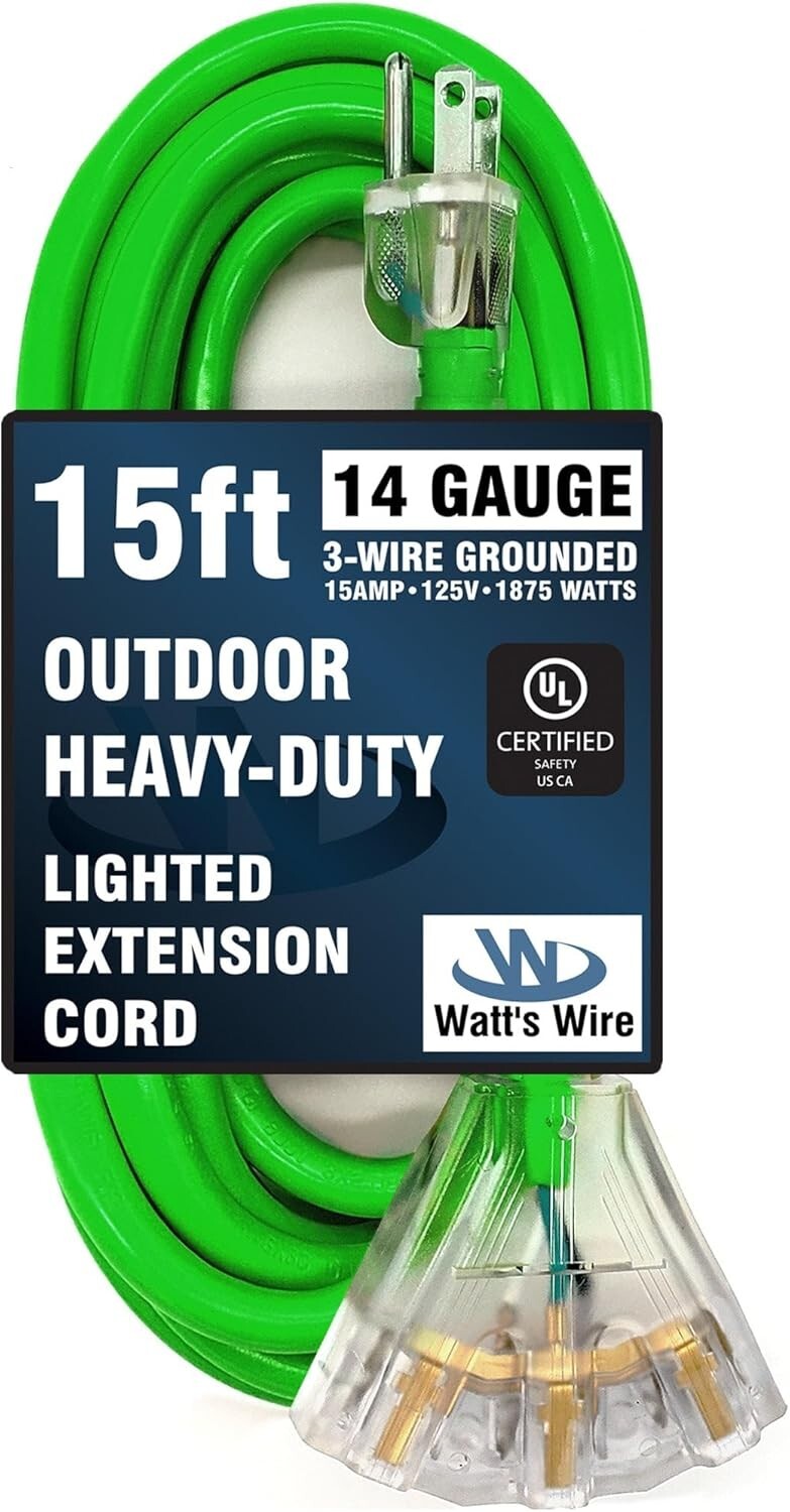 Durable 15 ft Green Extension Cord, 3 Outlet, 14 Gauge for Safe Performance