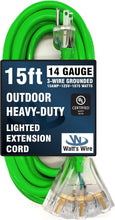 Load image into Gallery viewer, Durable 15 ft Green Extension Cord, 3 Outlet, 14 Gauge for Safe Performance