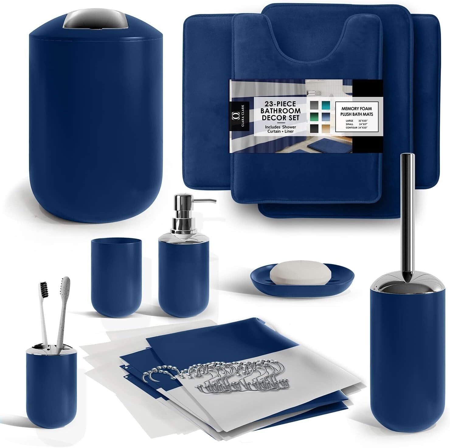 Elegant Navy Blue Bathroom Set with Rug, Shower Curtain & Accessory Essentials