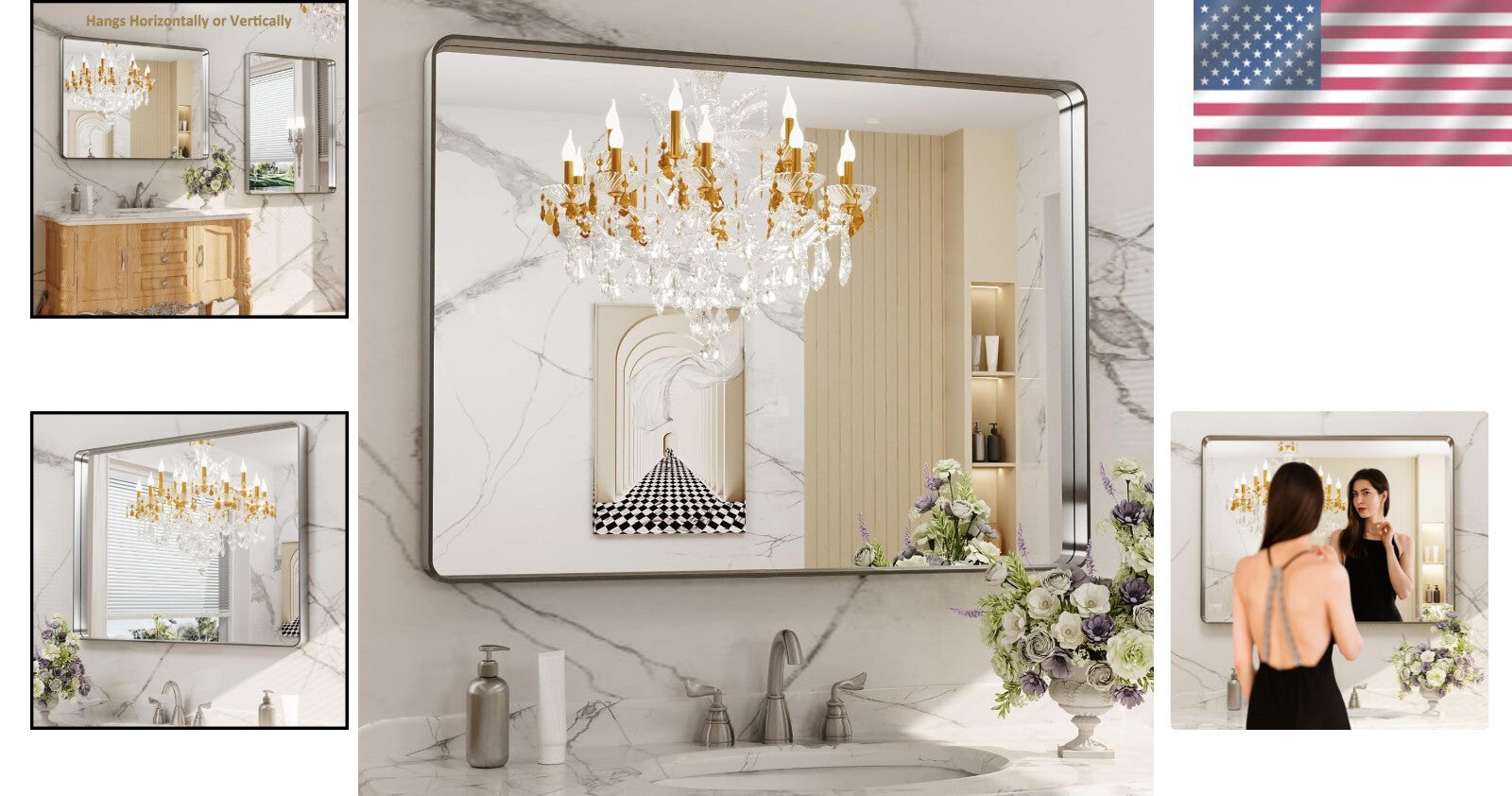 Modern 40"x30" Brushed Nickel Bathroom Mirror - Easy Install & Secure Mounting