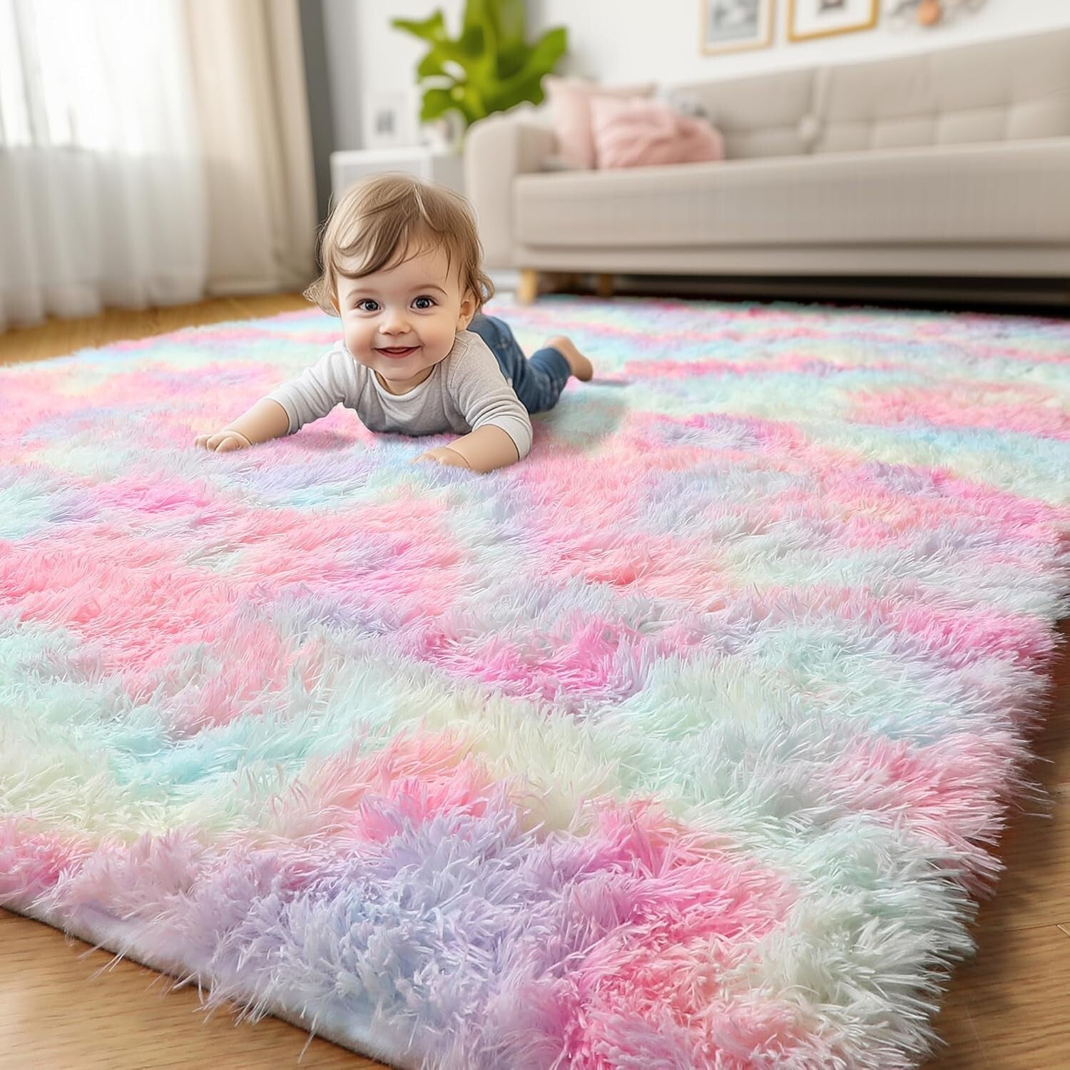 Soft Plush 5x8 Rainbow Shag Area Rug - Ideal for Girls' Playrooms & Nurseries