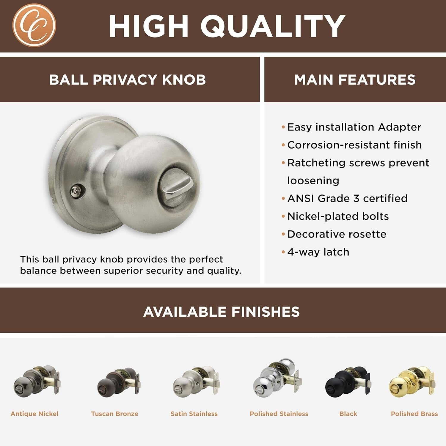 Robust Satin Stainless Privacy Door Knob Set - Keyless & Easy to Install, 6-Pack