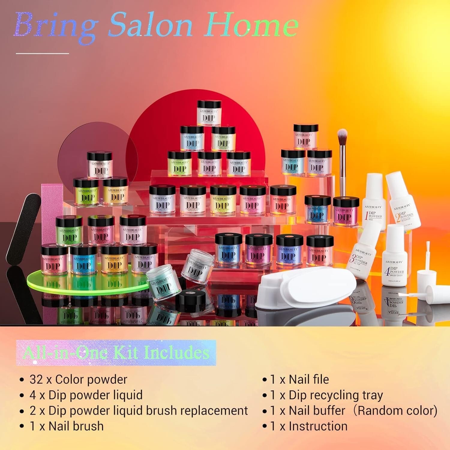 Bright Pastel Neon 42-Pc Dip Powder Nail Set with Glossy Finish & Recycling Tray
