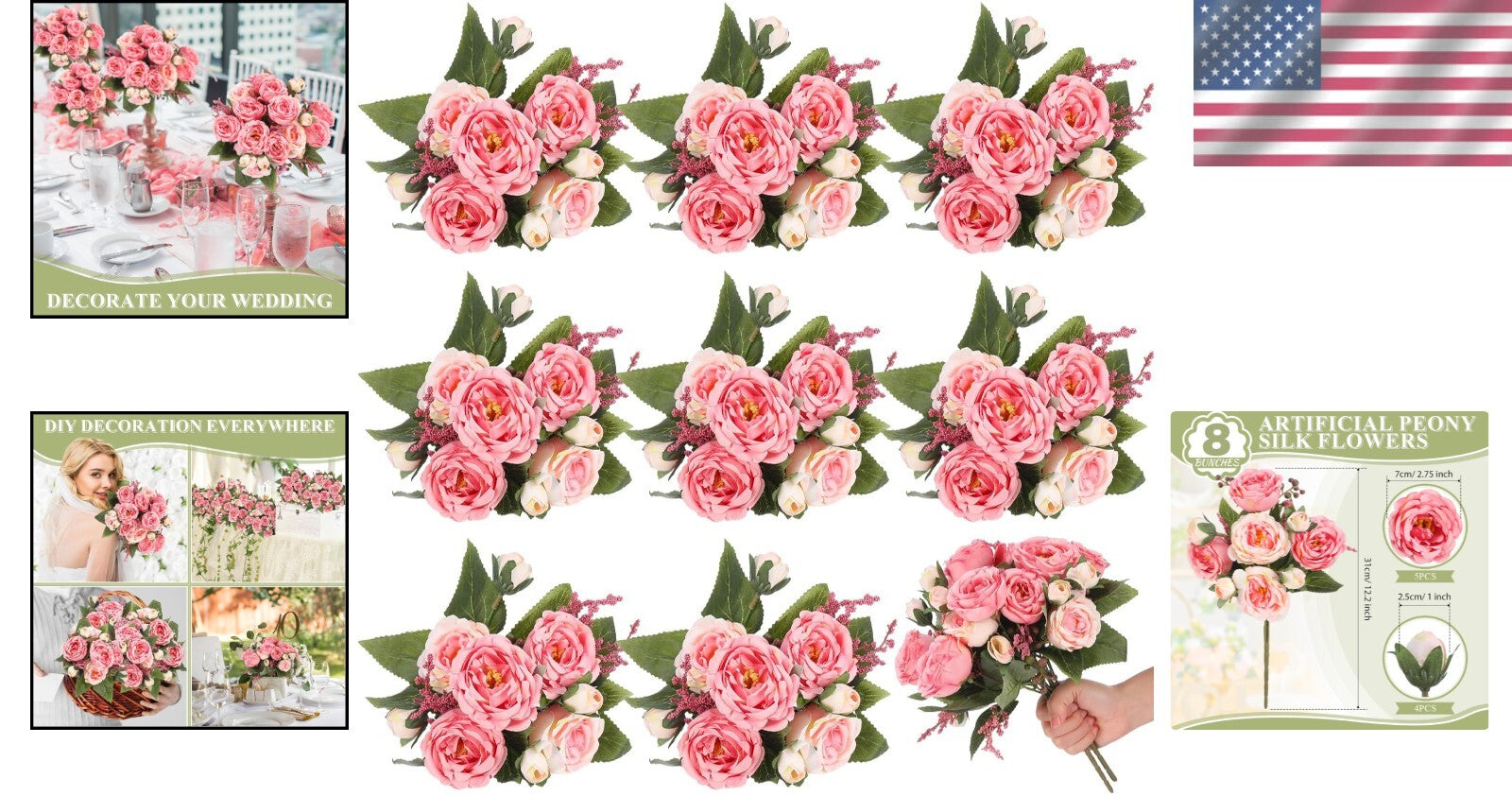 Lush 8 Bundles of Realistic Peonies - Enhance Any Spring Decor Effortlessly