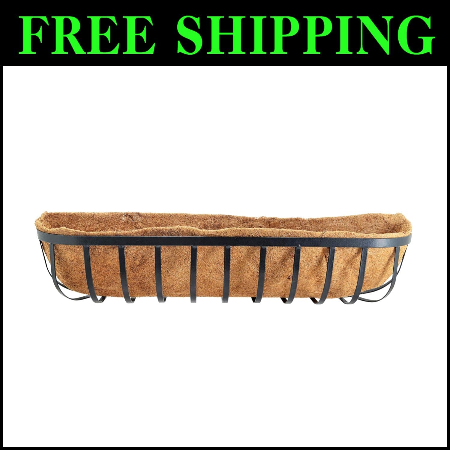 Rectangular Powder-Coated Metal Wall Planter with Natural Coconut Liner - 36"