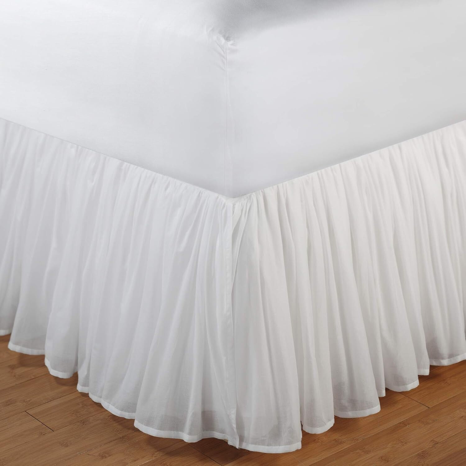 Gathered White Cotton Voile Dust Ruffle with Versatile Split Corners - 15" Drop