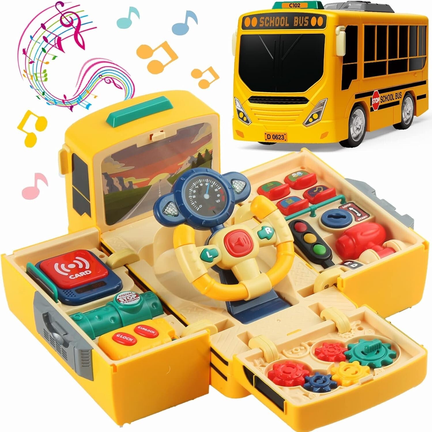 Eco-Friendly Animated School Bus Toy with Steering Wheel & Educational Sounds