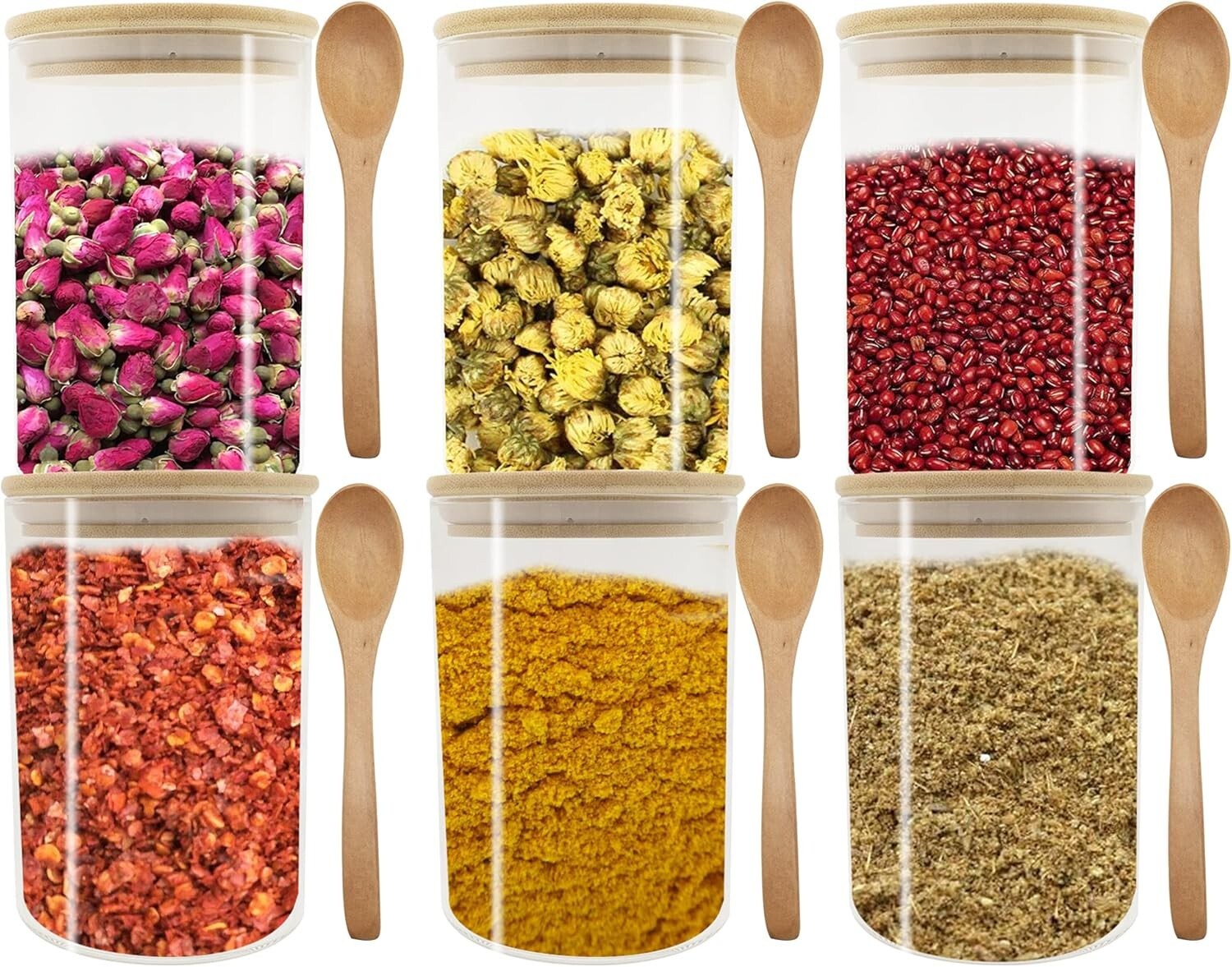 Airtight 27oz Glass Food Jars - 6 Bamboo-Lid Containers with Spoons Included