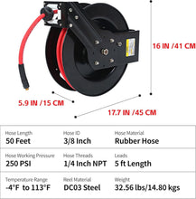 Load image into Gallery viewer, Universal Fit 50ft Retractable Air Hose Reel - 250 PSI with Easy Ratchet Release