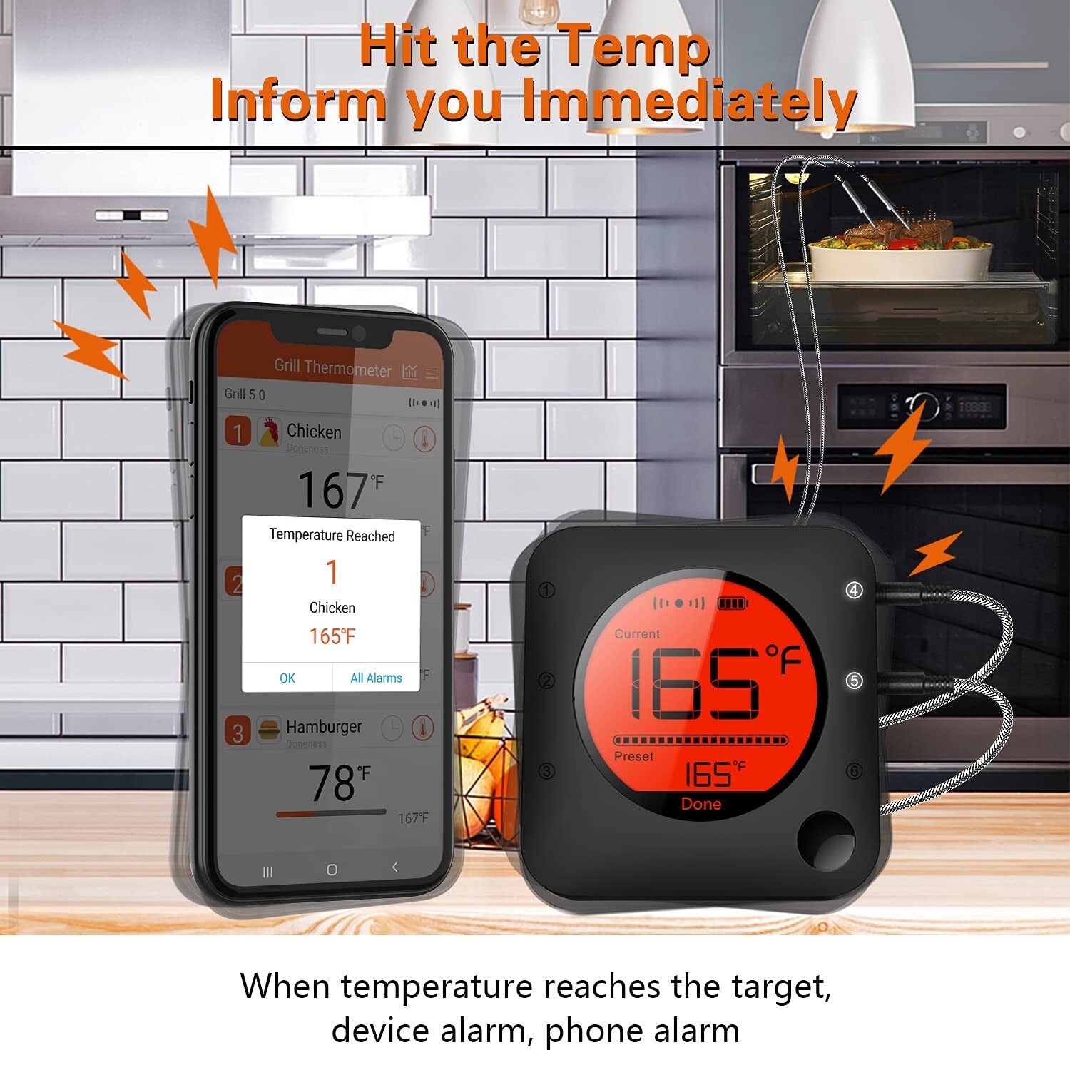 Professional Bluetooth Thermometer for Grilling with 4 Stainless Probes & Alarms