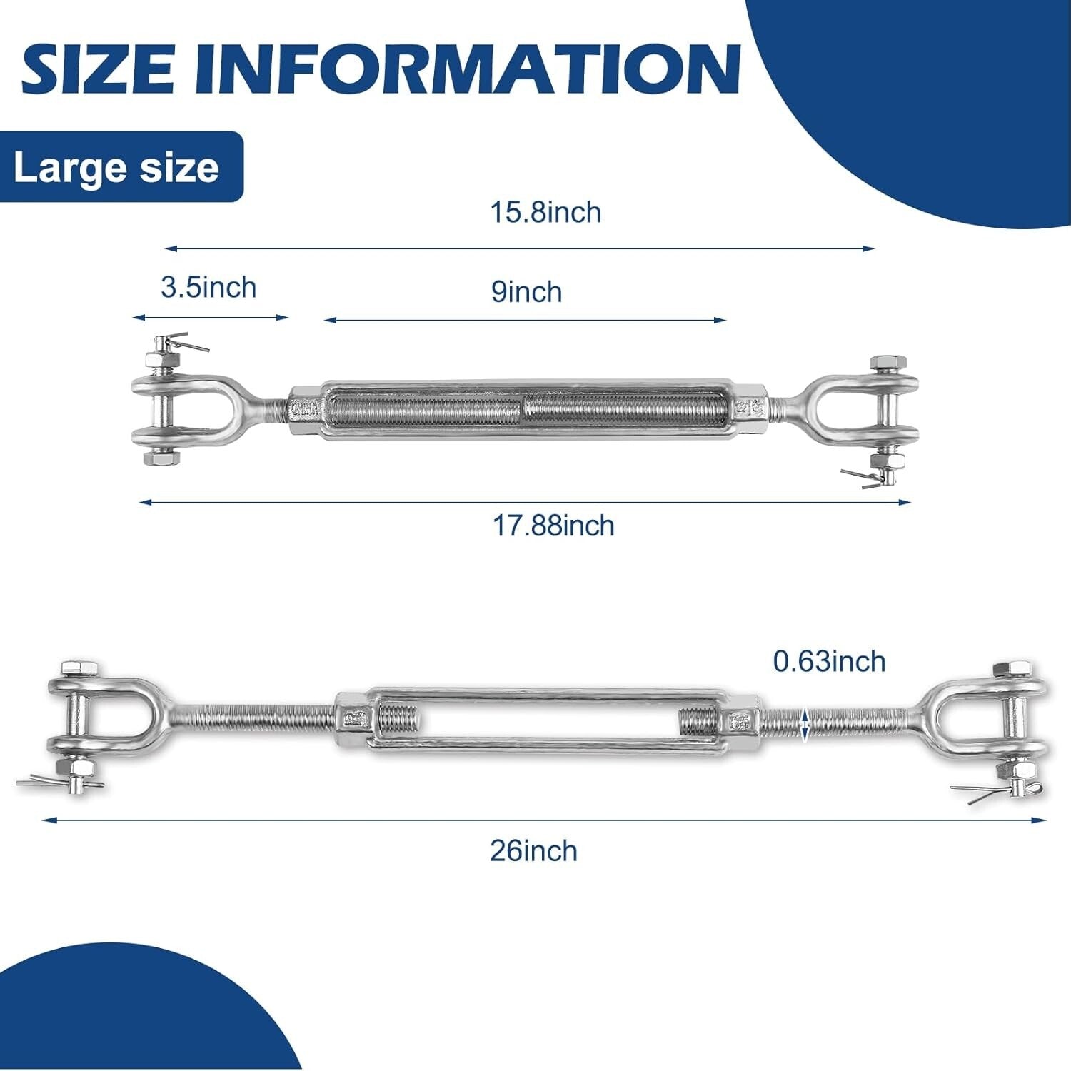 2-Pack Heavy Duty Turnbuckle 5/8" x 9" - 3500 lbs Load Limit, Weather Resistant