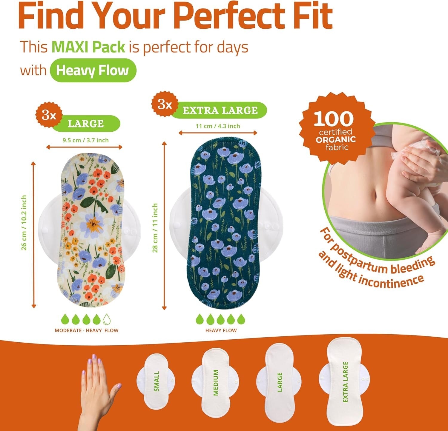 Biodegradable Heavy Flow Reusable Period Pads - Soft Organic Cotton 6-Pack