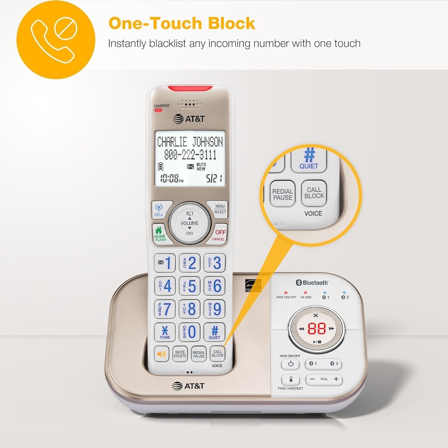 Champagne Gold/White DECT 6.0 Phone - 2 Handsets with Voice-Activated Answering