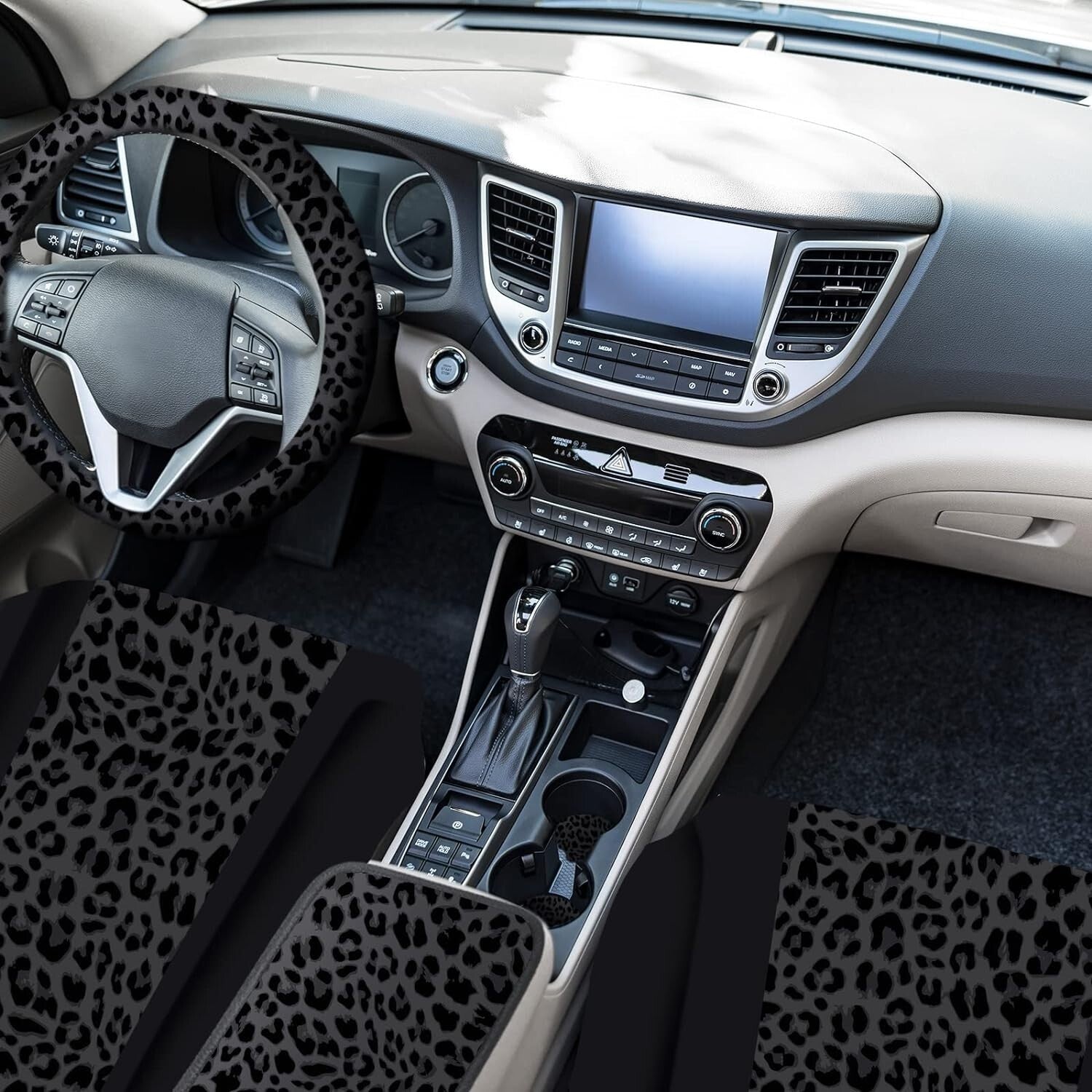 Complete Leopard Print Car Accessories Set - Seat Covers, Steering Wheel & More