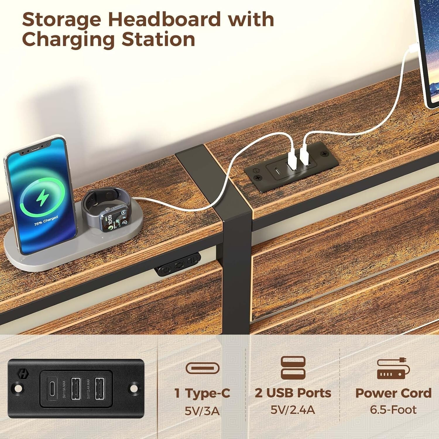 Multi-Functional King Bed Frame with USB Ports, LED Lights & Storage Solutions