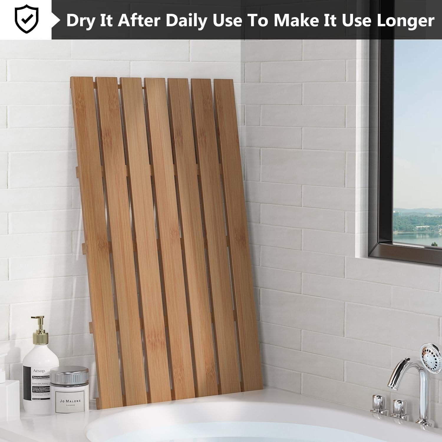 Durable Walnut Bamboo Shower Mat - Large Non-Slip Waterproof Design, 31.3 x 18.1