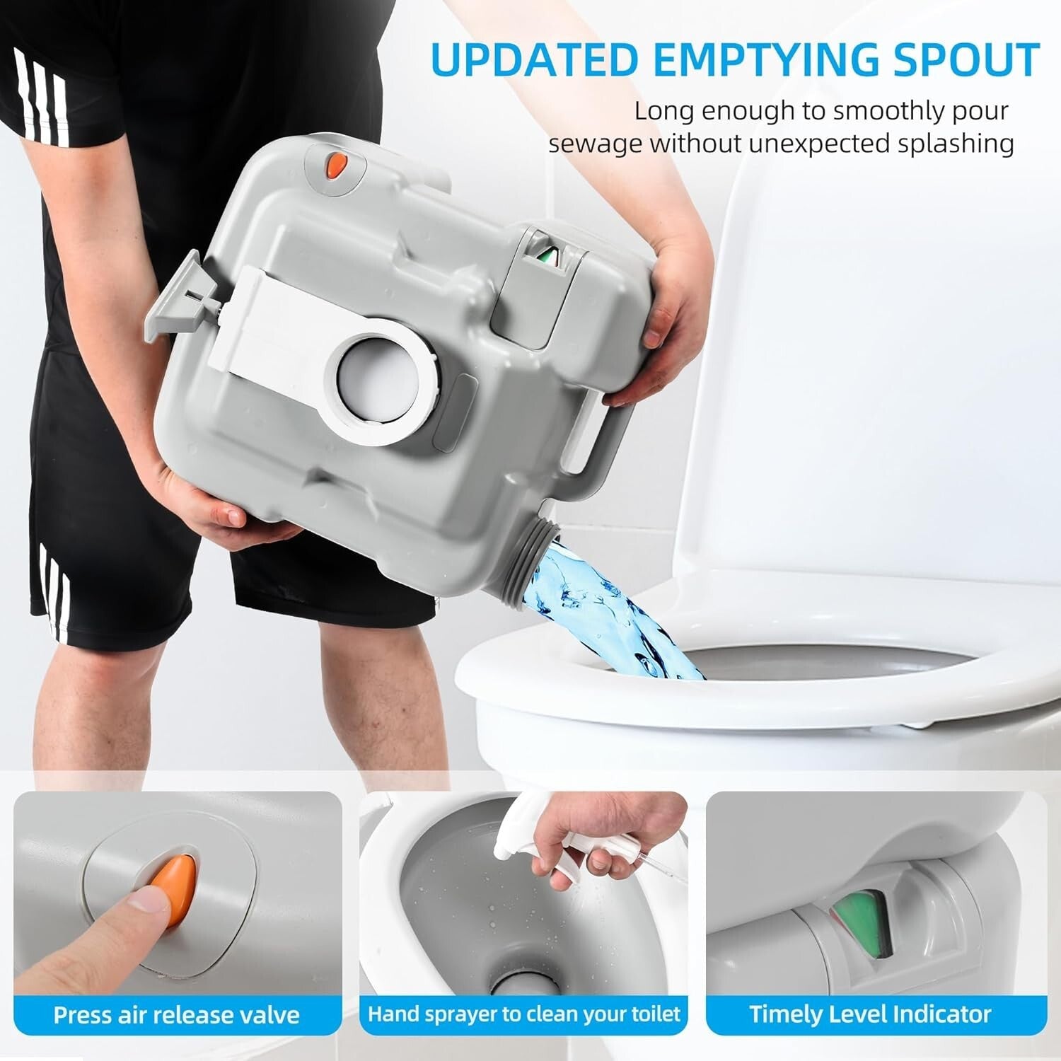 Ergonomic 5.28 Gal Portable Toilet with Diagonal Bowl for RV Travel & Camping