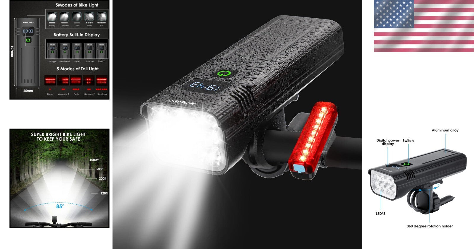 Waterproof Bike Headlight with Digital Display & 10000mAh Battery - 5 Modes