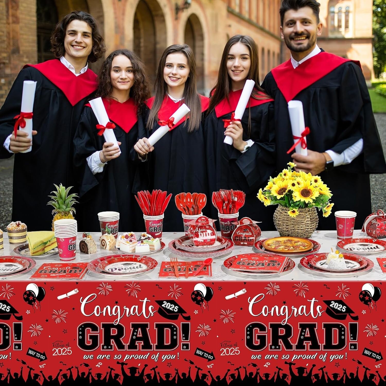 Disposable Graduation Party Supplies Set: 357 Red Plates, Napkins, Banner & More