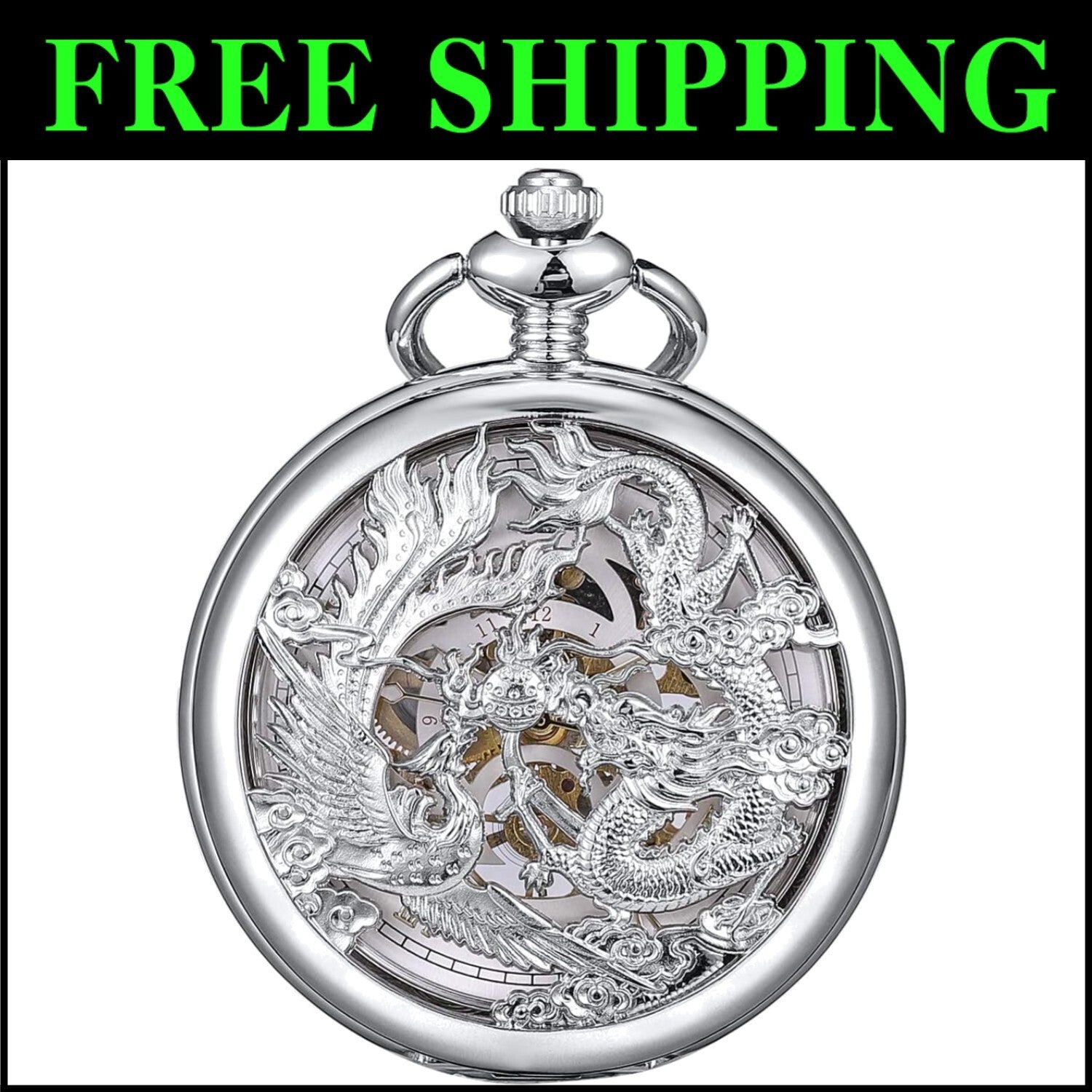Elegant Mechanical Pocket Watch with Skeleton Dial - Dragon & Phoenix Design
