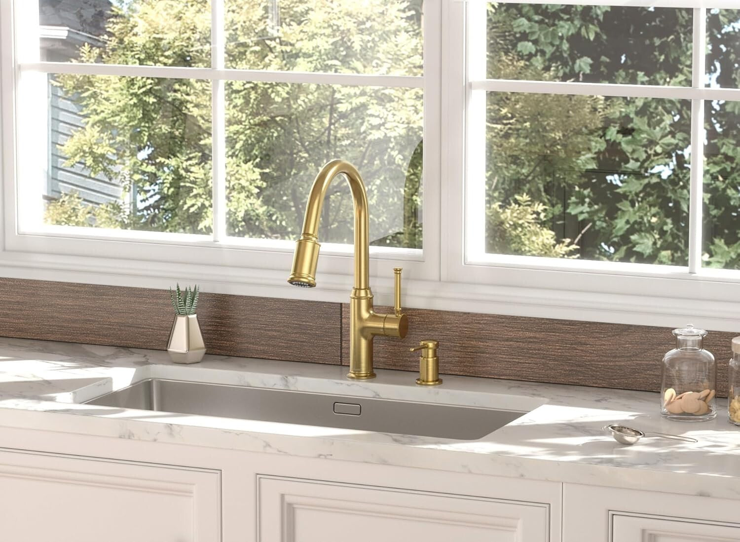 High Arc Brushed Bronze Kitchen Faucet with Dual Function Sprayer and Deck Plate