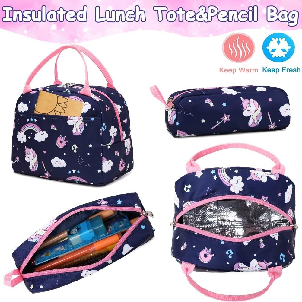 Adjustable Unicorn Backpack for Girls - 3pcs School Set with Insulated Lunch Bag