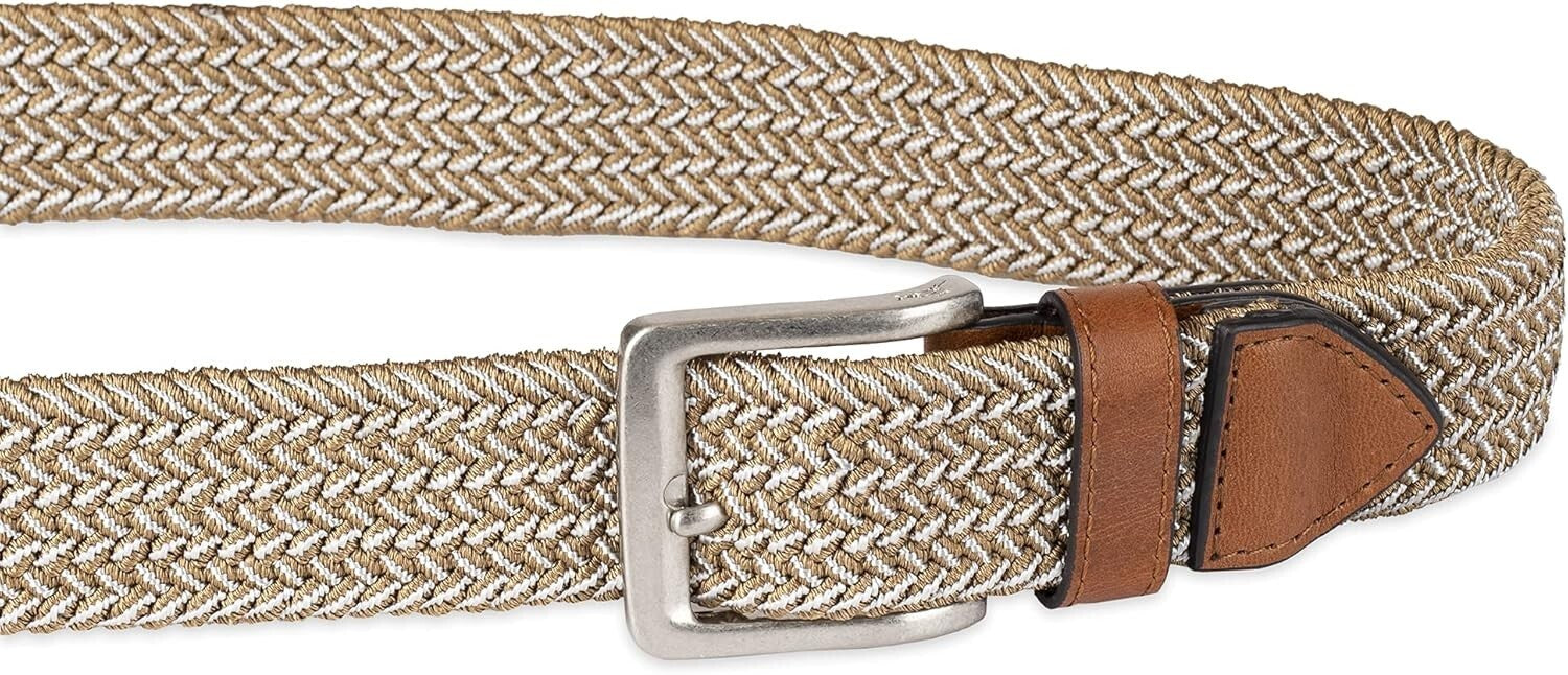 Men's Adjustable Braided Stretch Web Belt with Genuine Leather Details