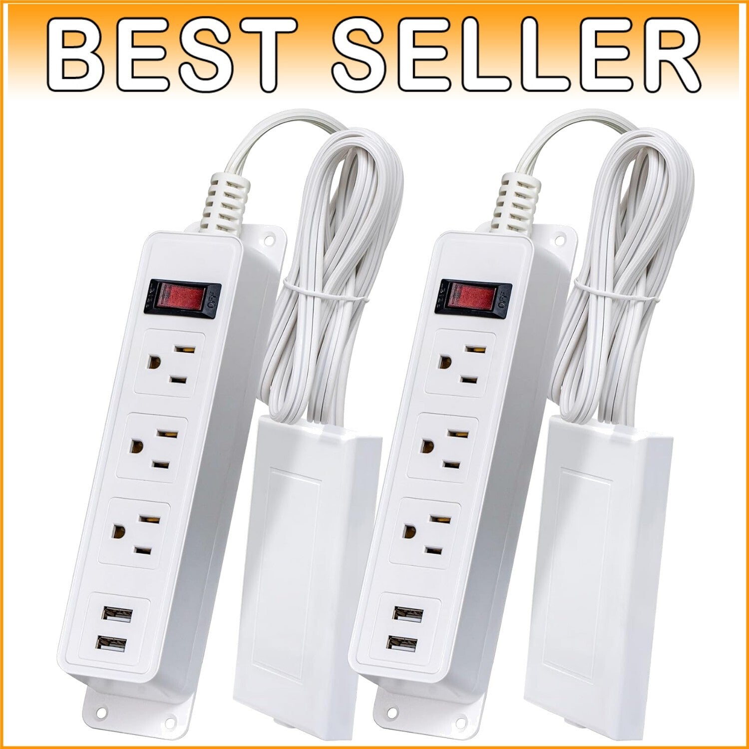 Space-Saving 6FT Power Strip with 3 Outlets, 2 USB Ports, & Safety Clips - 2Pack